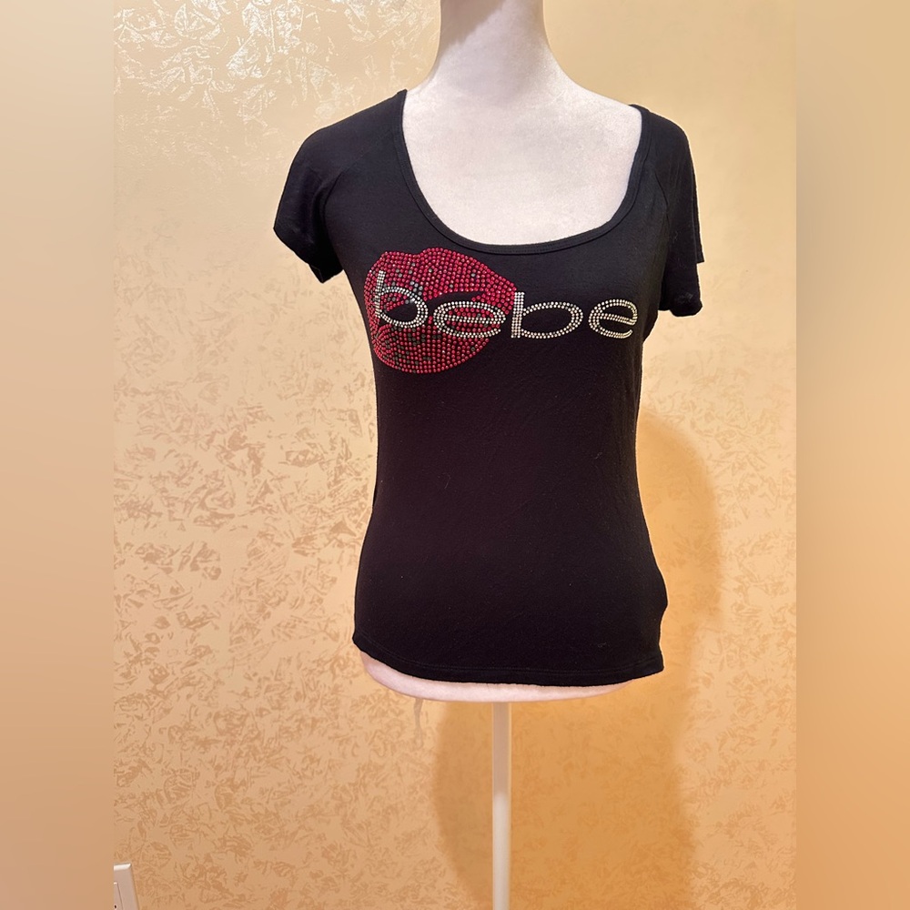 Bebe Black Tee with Red and Silver Accents